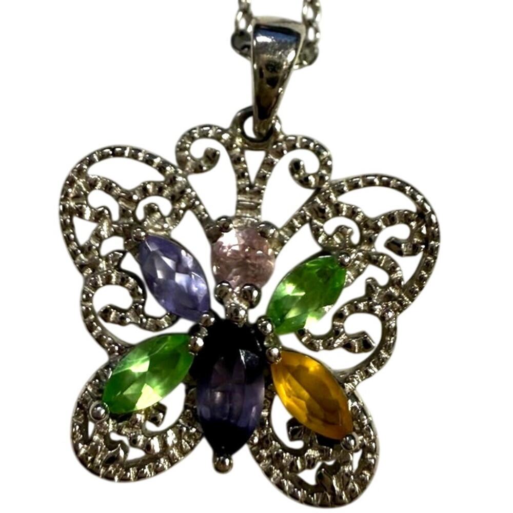 DL 925 Sterling Silver Filigree Butterfly Multicolor Gemstone Necklace 18"